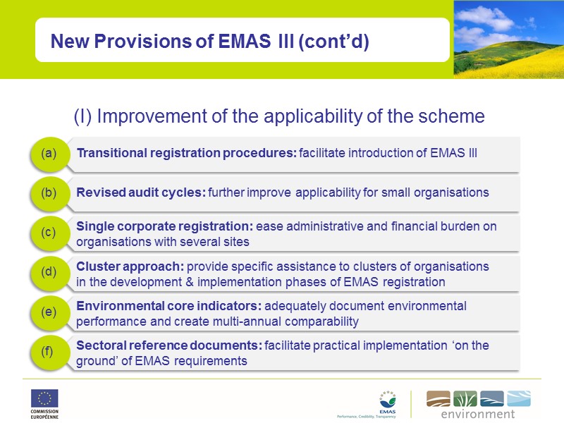 New Provisions of EMAS III (cont’d) (I) Improvement of the applicability of the scheme